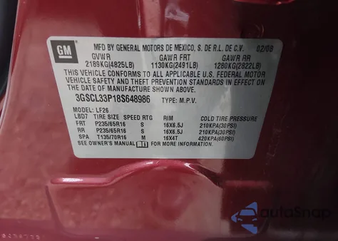 2008 Saturn Vue 4-Cyl Xe from USA, damaged, VIN 3GSCL33P18S648986